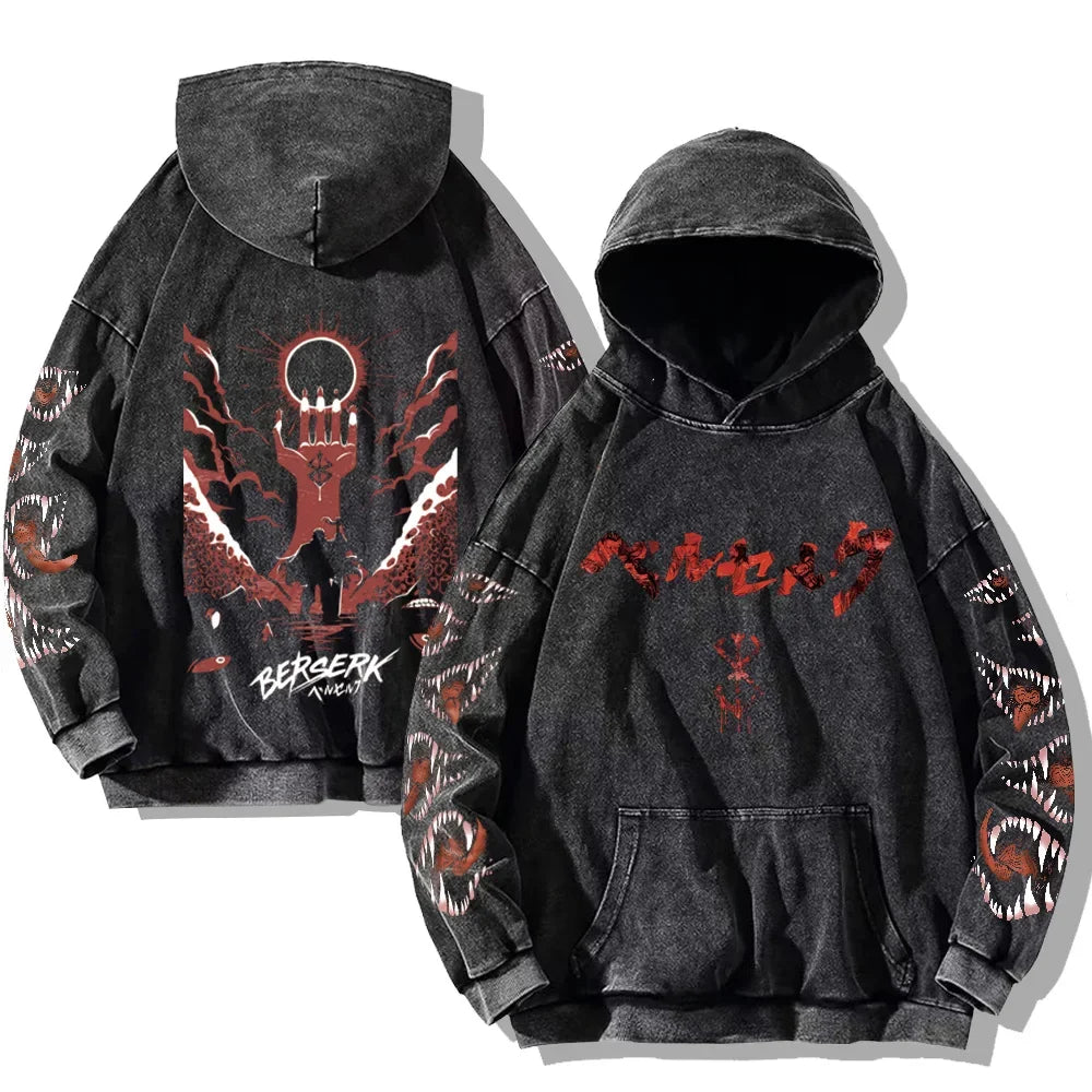 Mens Berserk Hoodies Gothic Print Vintage Washed Hoodie Hip Hop Streetwear Cotton Sweatshirts Harajuku Casual Hooded Pullover