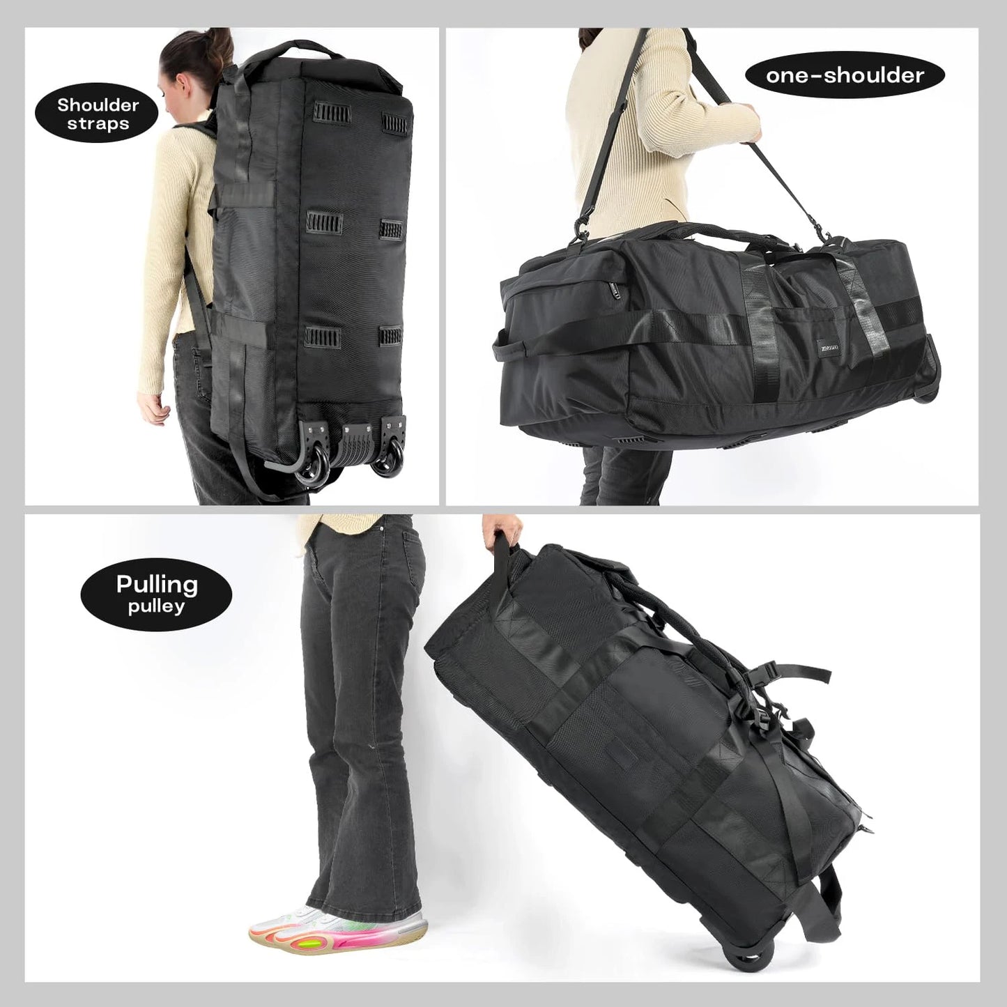 80L Rolling Duffle Bag with Wheels 31" Heavy-Duty Foldable Travel Duffel Bag Water-Resistant Wheeled Luggage with Shoulder Strap