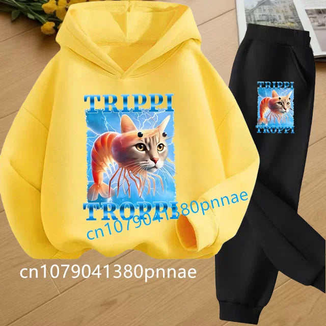 Tralalero Tralala Tung Tung Tung Funny Italian Brainrot Kids Clothes Boys Hoodie+Pants 2pcs Set Girls Tracksuit Children Outfits