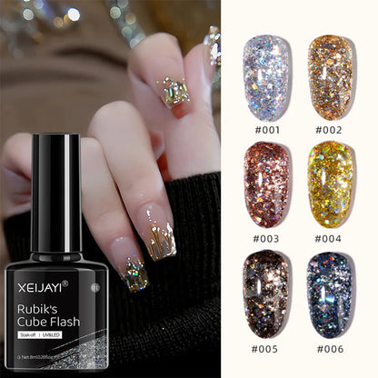 Esmalte em gel com glitter de 6 cores e 8 ml, prata, ouro rosa, lantejoulas coloridas, verniz em gel semipermanente, arte em unhas em gel UV, laca a laser