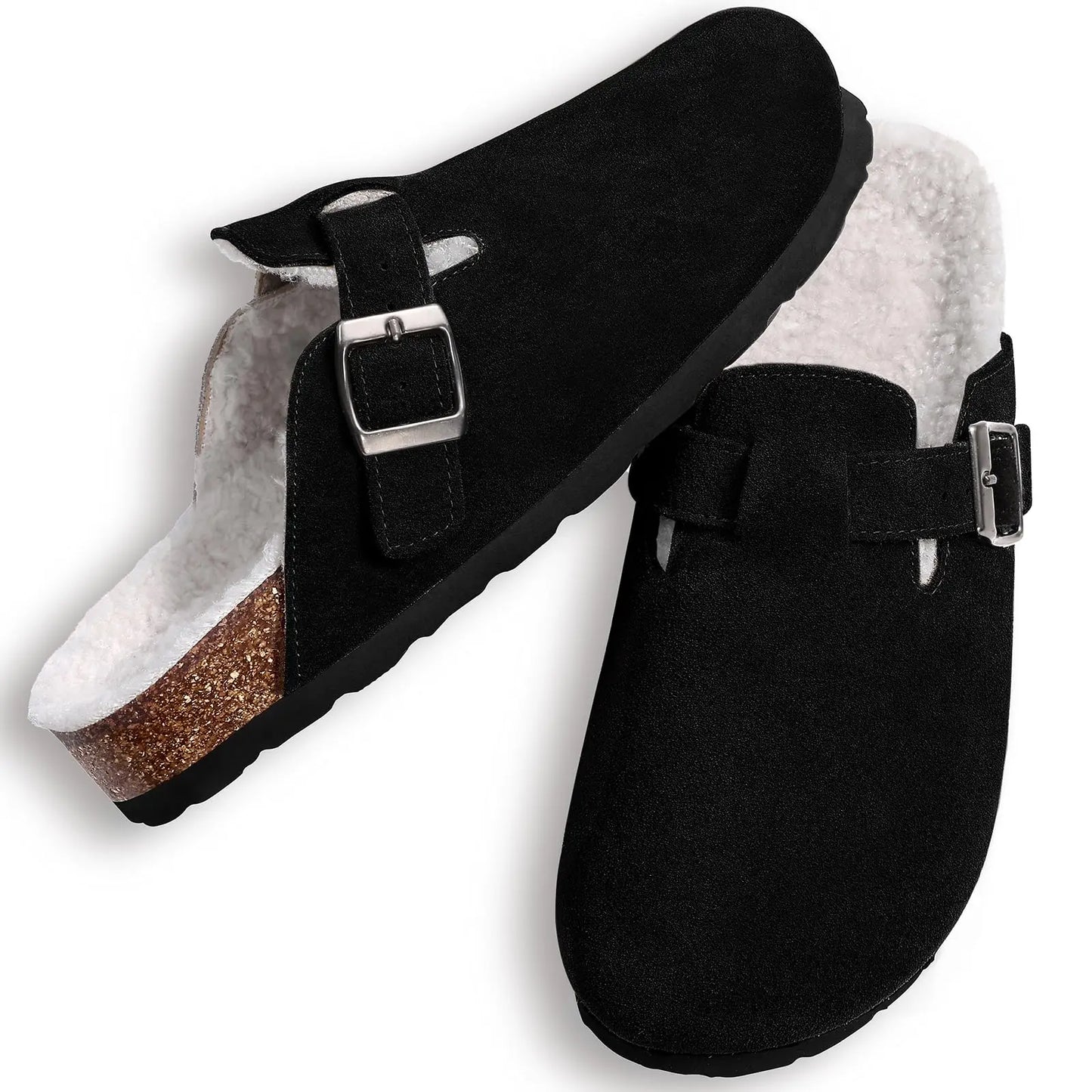 Shevalues Winter Women's Mules With Adjustable Buckle Leisure Cork Insole Comfortable Clogs Slippers Cow Suede Non-slip Sandals
