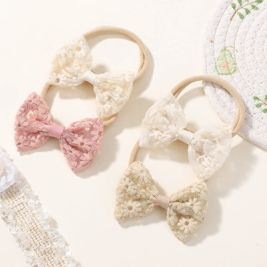 4pcs Baby Girls Embroidered Lace Bows Headband Set Newborn Floral Elastic Hairband Bow Headwear Kids Hair Accessories