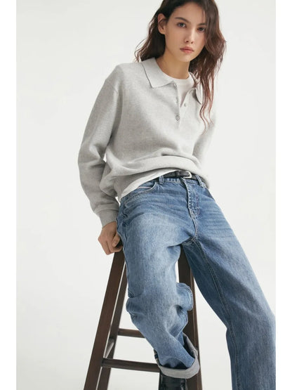 Hirsionsan Winter Thick Women Knitted Suits Soft 2 Pieces soft Female Sets Polo Neck Sweater & Wide Leg Pants Knitted Outfit