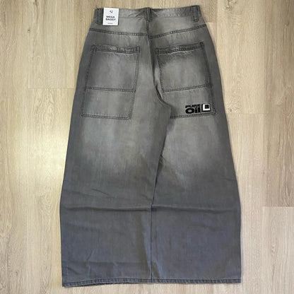 American Fashion New Black Old Washed Holes Baggy Jeans Ladies Y2K Vintage Punk Fashion Casual Joker High Waist Wide Leg Pants