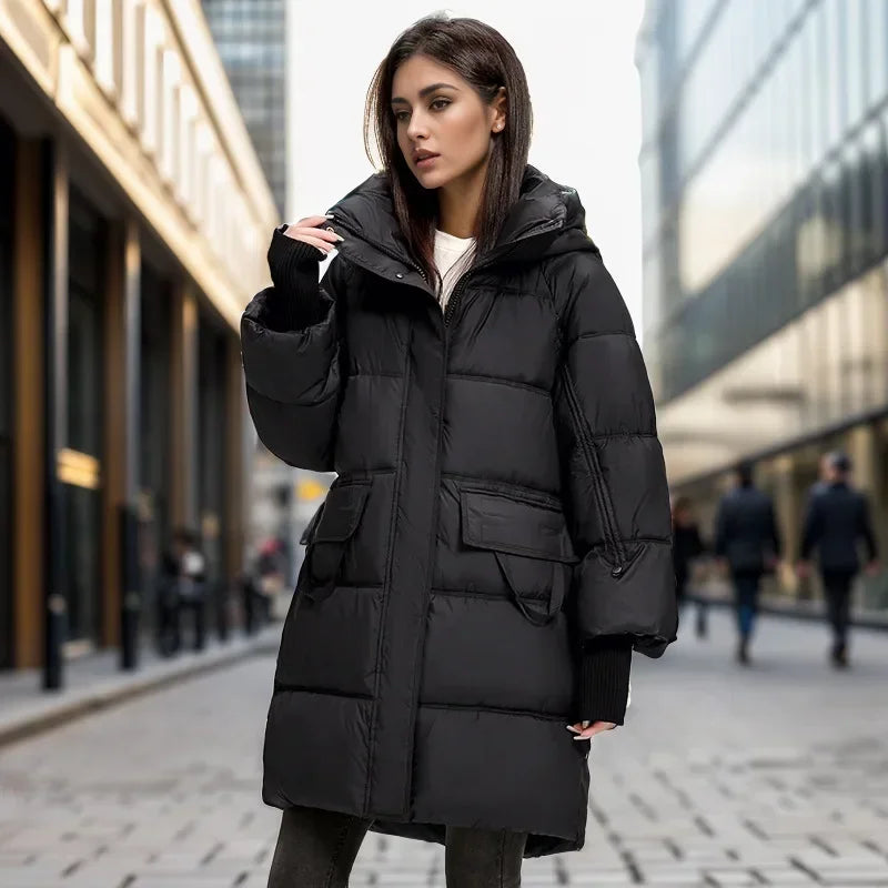 2024 Winter Long Women's Down Cotton Jacket Female Stand Collar Hooded Parkas Pockets Coats Women Knee Length Thick Warm Jacket