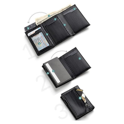 Men's Carbon Fiber Bifold Wallet RFID Blocking Automatic Pop-Up Card Holder