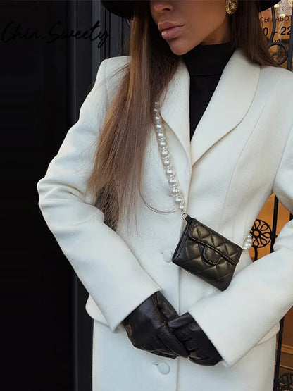 Slim Woolen Long Women Coat Elegant Full Sleeve Lapel Single Breasted Pocket Female Outwear 2025 Autumn Winter Chic Lady Jakcet