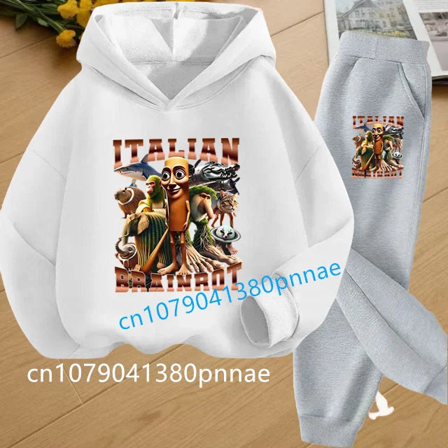 Tralalero Tralala Tung Tung Tung Funny Italian Brainrot Kids Clothes Boys Hoodie+Pants 2pcs Set Girls Tracksuit Children Outfits