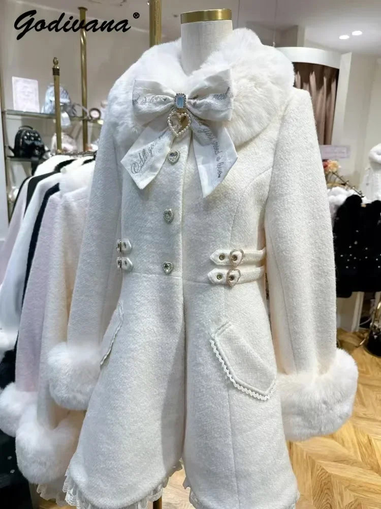 Winter New Japanese Sweet Bow Slim Medium Long Woolen Coat Faux Fur Collar Lolita Girl Women's Pink White Wool Jacket Overcoat