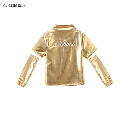 Girls Hip Hop Shiny Golden Crop Top Patchwork Jeans Pants Kids Streetwear Child Jazz Girl Group Costumes K-pop Retro Clothes Set