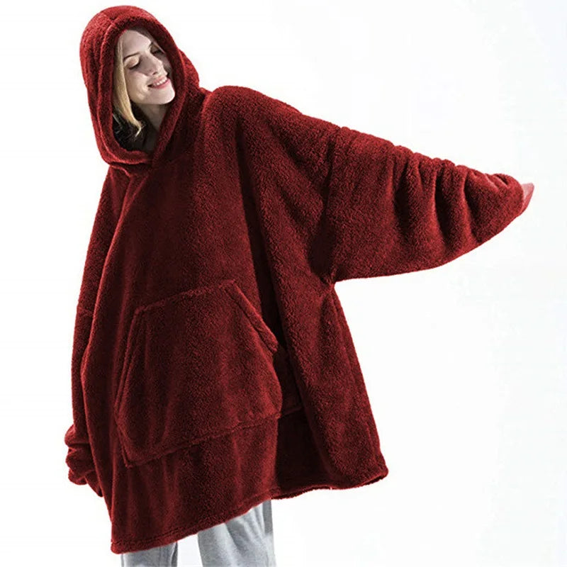 Winter Double-Faced Fleece Hoodie Blanket | Oversized Warm Pocket Robe for Women & Men