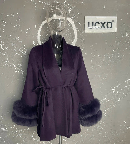 UCXQ Elegant OL Office Lady Overcoats Fur Patchwork Long Sleeve Woolen Coat Beautiful Women's Clothing Jacket Autumn 2025 Winter