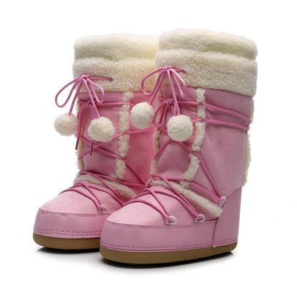 Free Ship Women Snow Boots Warm Plush Comfortable Platform Shoes Lady Lace-up Mid-Calf Pink Boots Non-slip Winter Shoes Booties