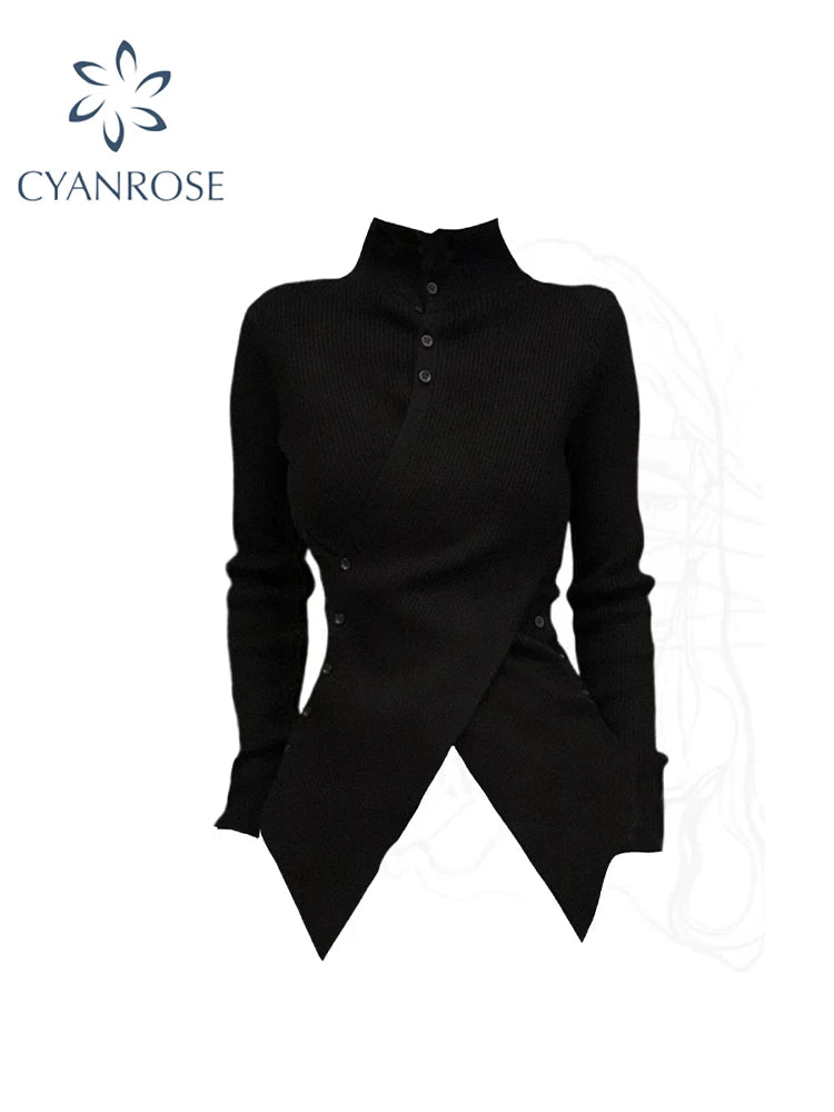 Camisola de mulher gótica preta de malha, estilo harajuku, coreano, Y2K, gola alta, manga comprida, camisola vintage, roupa dos anos 2000