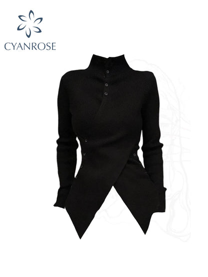 Camisola de mulher gótica preta de malha, estilo harajuku, coreano, Y2K, gola alta, manga comprida, camisola vintage, roupa dos anos 2000