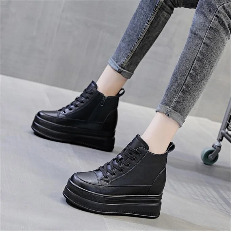 Women High Top Sneakers Platform Breathable Genuine Leather Shoes Spring Lady Wedges Casual Shoes For Woman Sports Dad Shoes 9CM