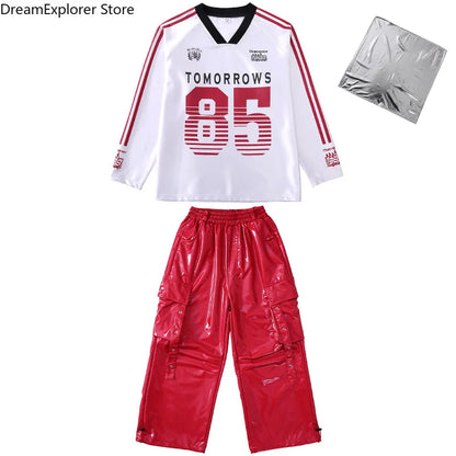 Boys Hip Hop Cool Shiny Sweatshirt Street Dance Cargo Pants Girls K-pop Clothes Sets Kids Streetwear Children Teenage Costumes