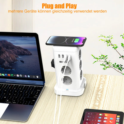 Placa de alimentação inteligente 15 em 1 com ficha padrão UE de 3680 W, tomada 7/11 CA, 3 portas de carregamento USB-A e 1 USB-C, cabo de extensão de 2 metros