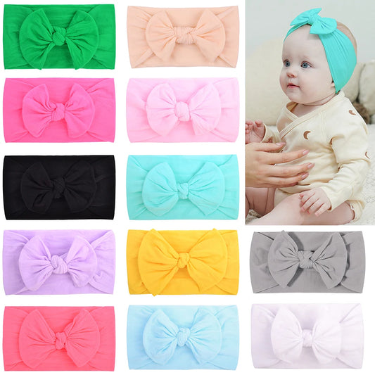 12Pcs Spring Solid Color Baby Headbands Soft Nylon Bowknot Casual Hair Accessories 3.5inch Bowties Protect Headdress for Kids