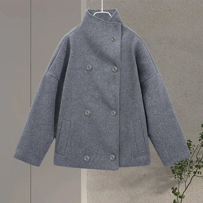 Stand Collar Women Winter Woolen Coats 2025 Autumn Single Breasted Loose Female Long Sleeve Jacket Office Lady Street Short Coat