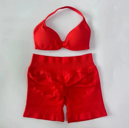 DFYIVE Yoga Gym Set 2 Piece Women Strappy Yoga Bra Top Workout Scrunch Shorts Sports Suit Fitness Clothes Seamless Yoga Set