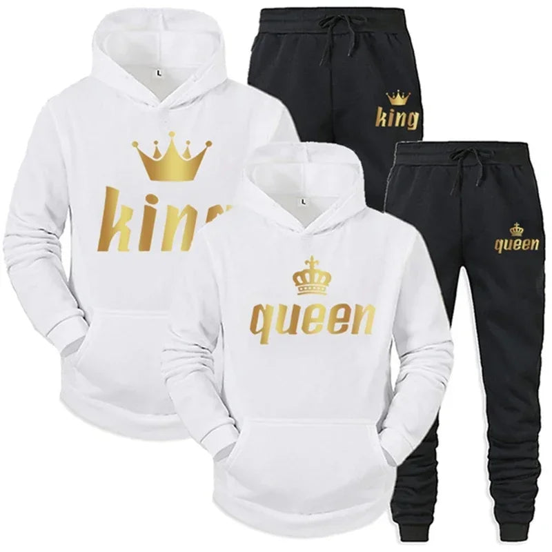 Men Women Tracksuit King And Queen Letter Print Hoodie and Jogger Pants Jogging Suit Sportswear Casual Fashion Couple Outfits