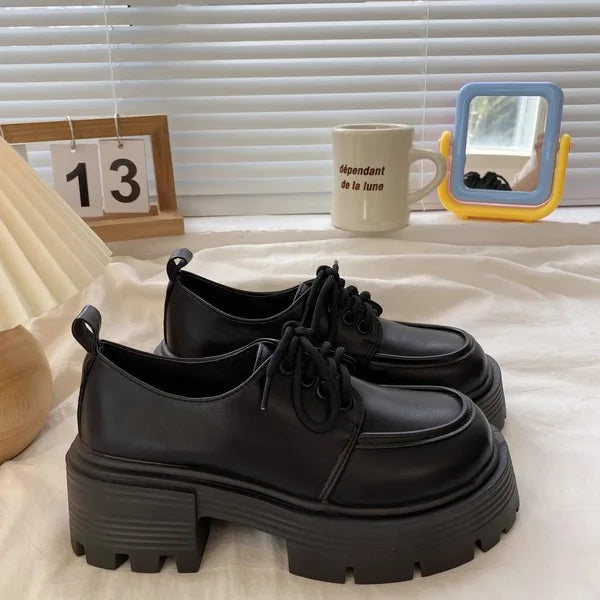 Shoes Woman Flats Clogs Platform Autumn Oxfords British Style Dress Creepers New Retro Fall Winter Leather Preppy Cross Black Ru
