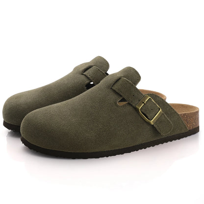Evshine Cow Suede Cork Slippers Women Fashion Clogs Mules Footbed Cork Mules Men Baotou Slippers Summer Cork Sandals Comfy Mules