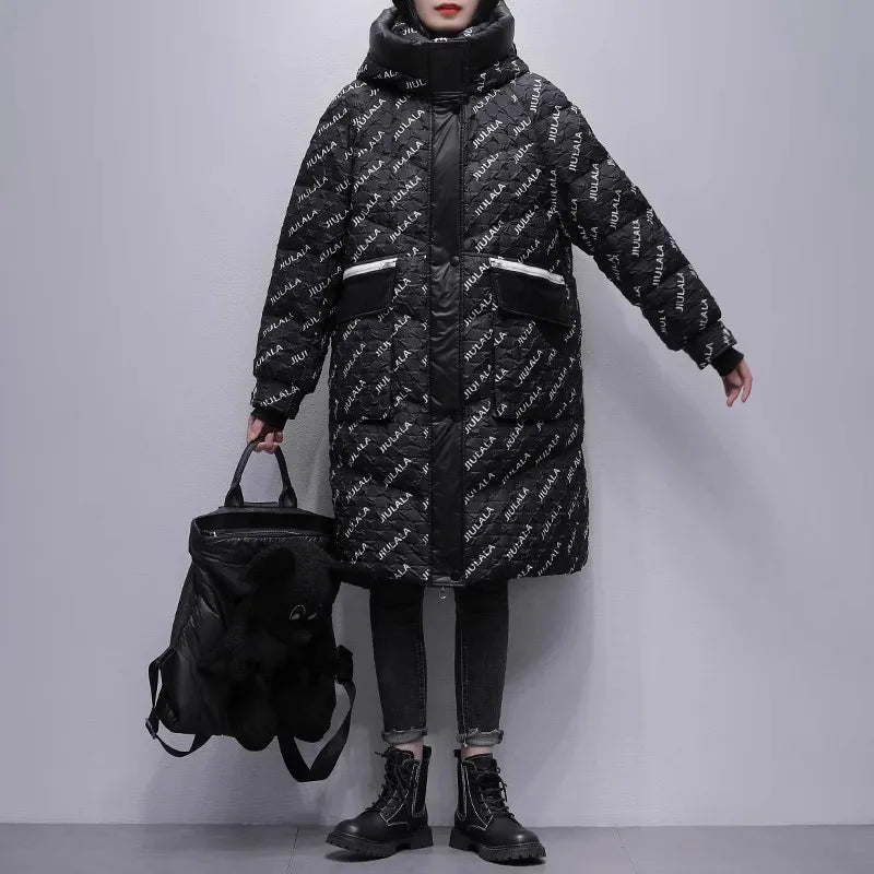 Black Letter Print Down Jacket Women's Mid length Winter 2025 New White Duck down Hooded Thick Coat Female Warm Parka Overcoat
