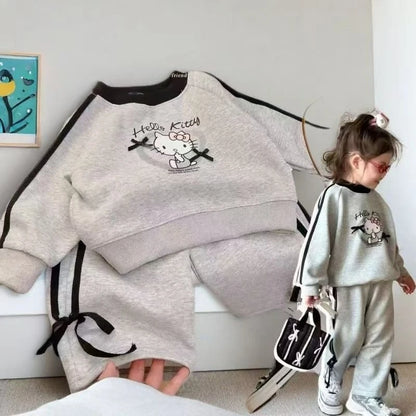Baby Girl Clothes Set Autumn Kid Hello Kitty Sweatshirts Pullover Bow Top & Striped Pants 2pcs Suit Children Tracksuits Outfits