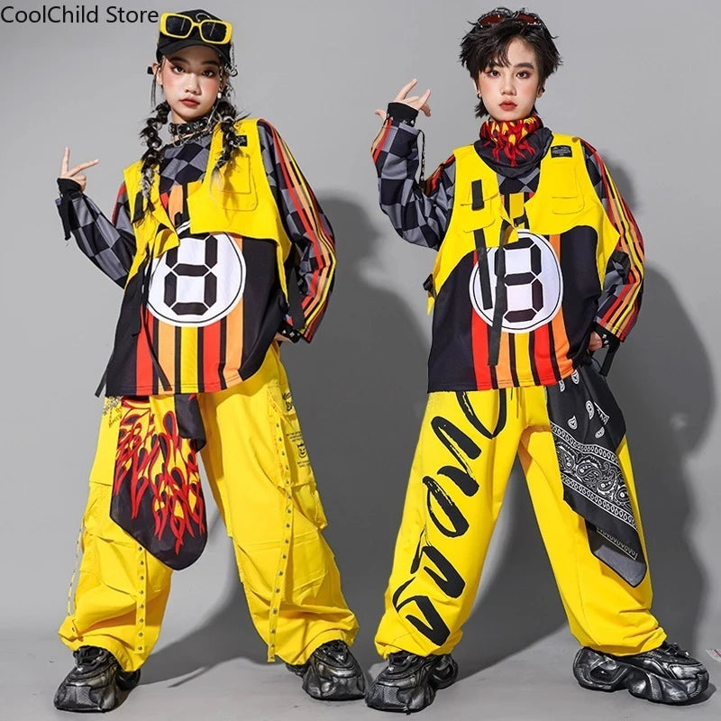 Hip Hop Children Cool Numbers Sweatshirt Vest Street Dance Cargo Pants Girls K-pop Jazz Costume Boys Clothes Set Kids Streetwear