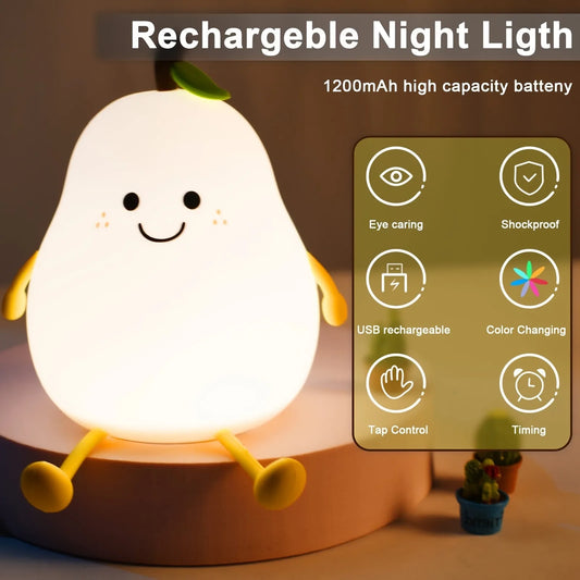 1pc Cute Pear Night Light 7-Color Dimmable Touch-Controlled Night Light Silicone Stress Reducing Pat Lamp USB Rechargeable
