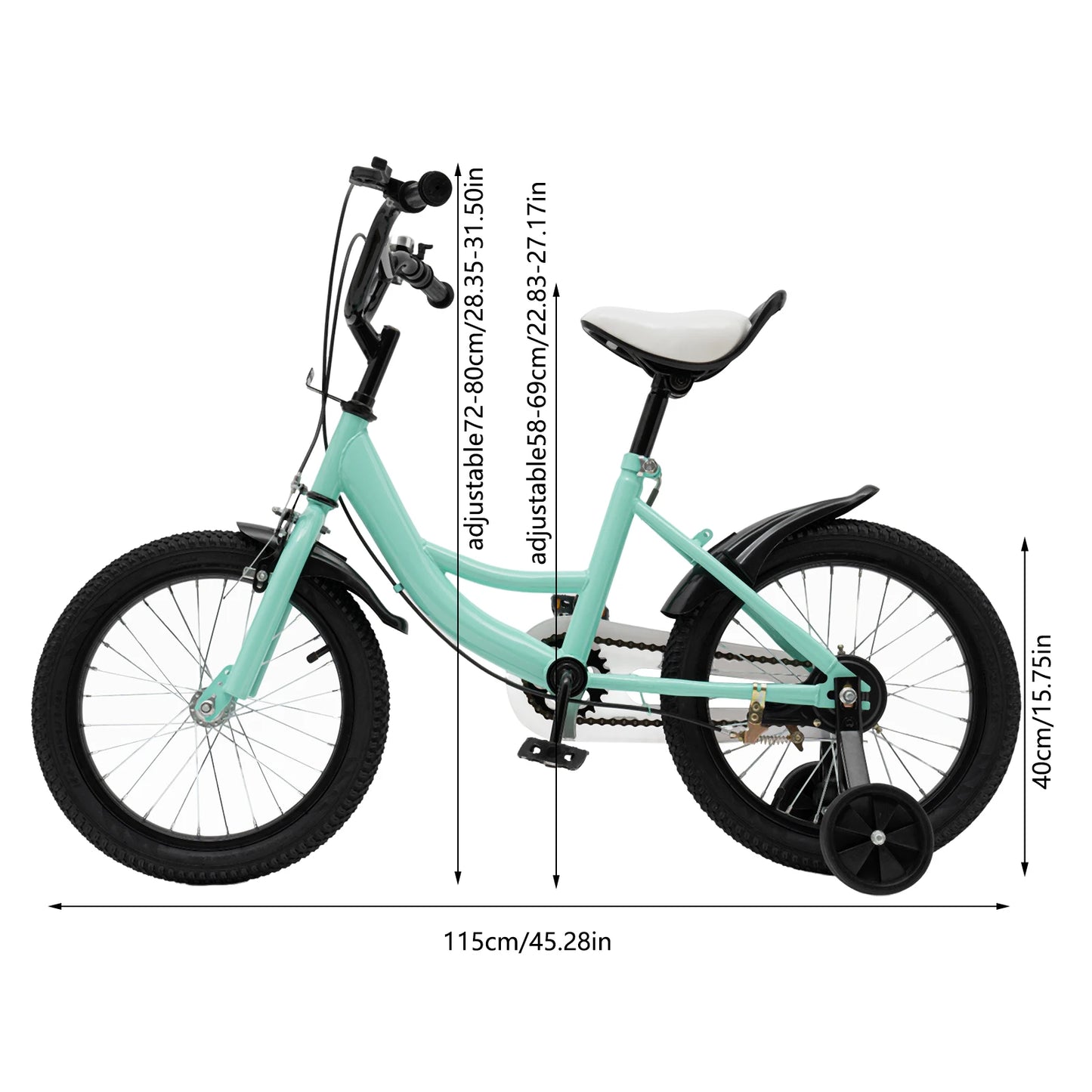 Bicicleta infantil de 16 polegadas com roda de treino para crianças dos 5 aos 8 anos, altura ajustável de 100 a 135 cm, rolamento de 50 kg
