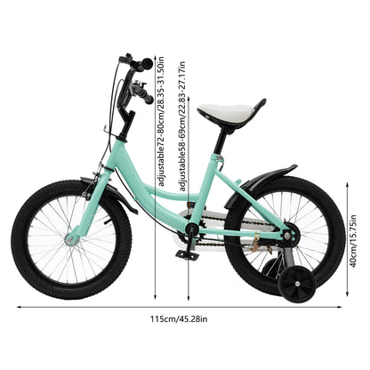 Bicicleta infantil de 16 polegadas com roda de treino para crianças dos 5 aos 8 anos, altura ajustável de 100 a 135 cm, rolamento de 50 kg