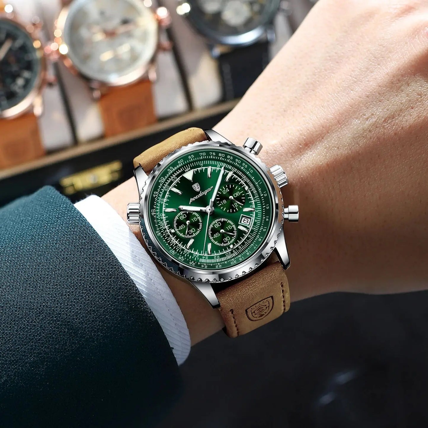 POEDAGAR Men's Luxury Business Watch Waterproof Luminous Leather Quartz