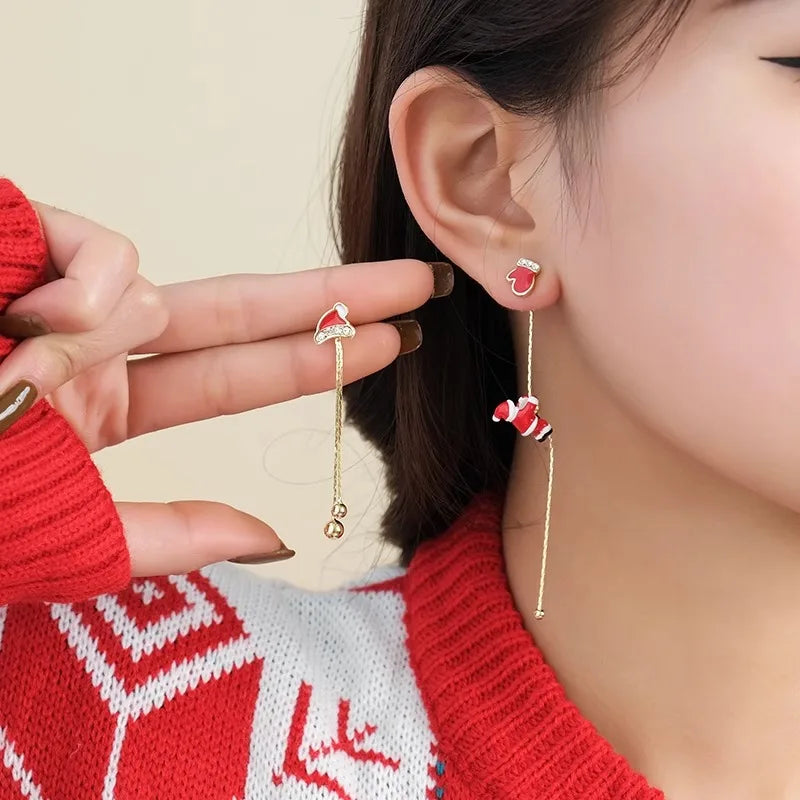 Christmas Tassel Earrings Women Movable Santa Claus Snowflake Asymmetrical Long Chain Pendant Earrings New Year Jewelry Gifts