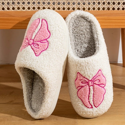 Women's Slippers Winter Indoor Elegant Beauty Bow Home Warm Soft Sole Good Breathability Comfortable Leisure Lady Bedroom Shoes
