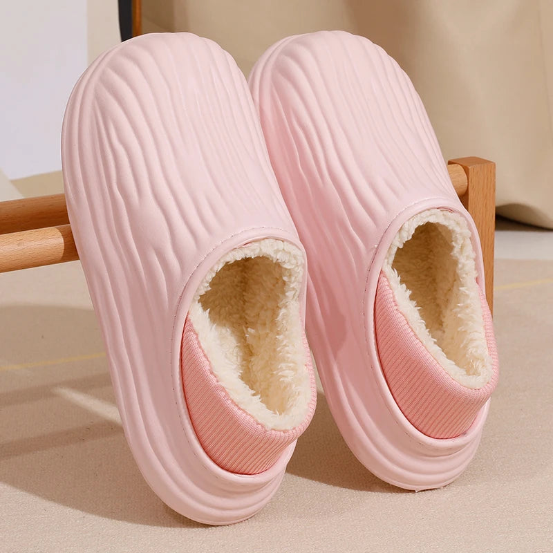 New EVA Short Plush Waterproof couples Slippers Winter  Warm striped  women Cotton Shoes Soft Thick Comfort Home floors Slides