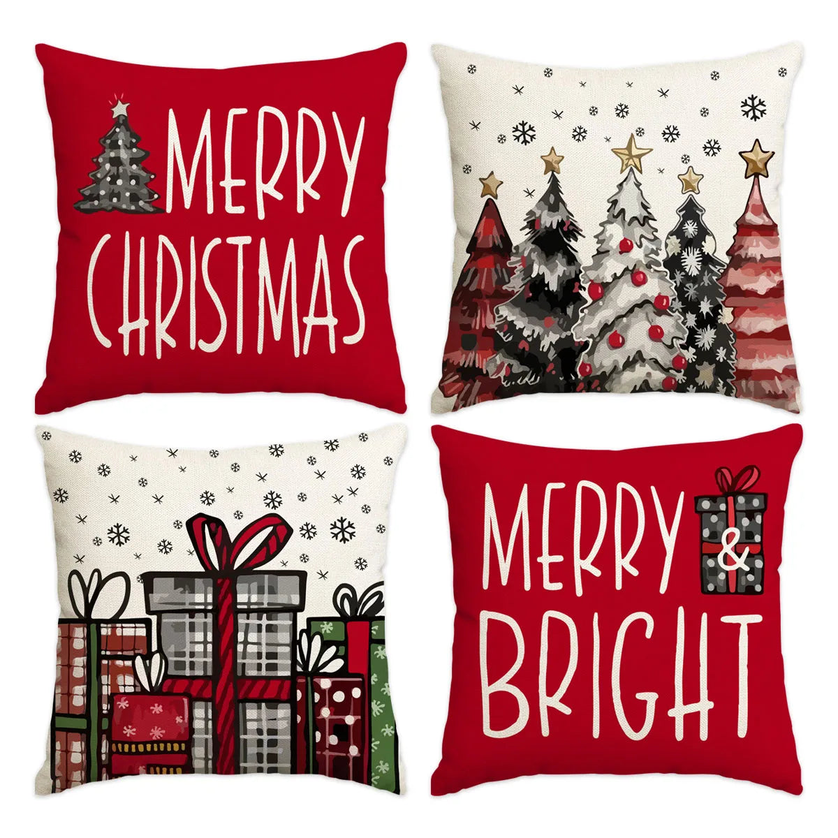 1pc/4pcs Christmas Pillow Cover, Black and Red Buffalo Plaid Celebration Christmas Tree Snowflake Decoration Sofa Cushion Cover