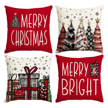 1pc/4pcs Christmas Pillow Cover, Black and Red Buffalo Plaid Celebration Christmas Tree Snowflake Decoration Sofa Cushion Cover