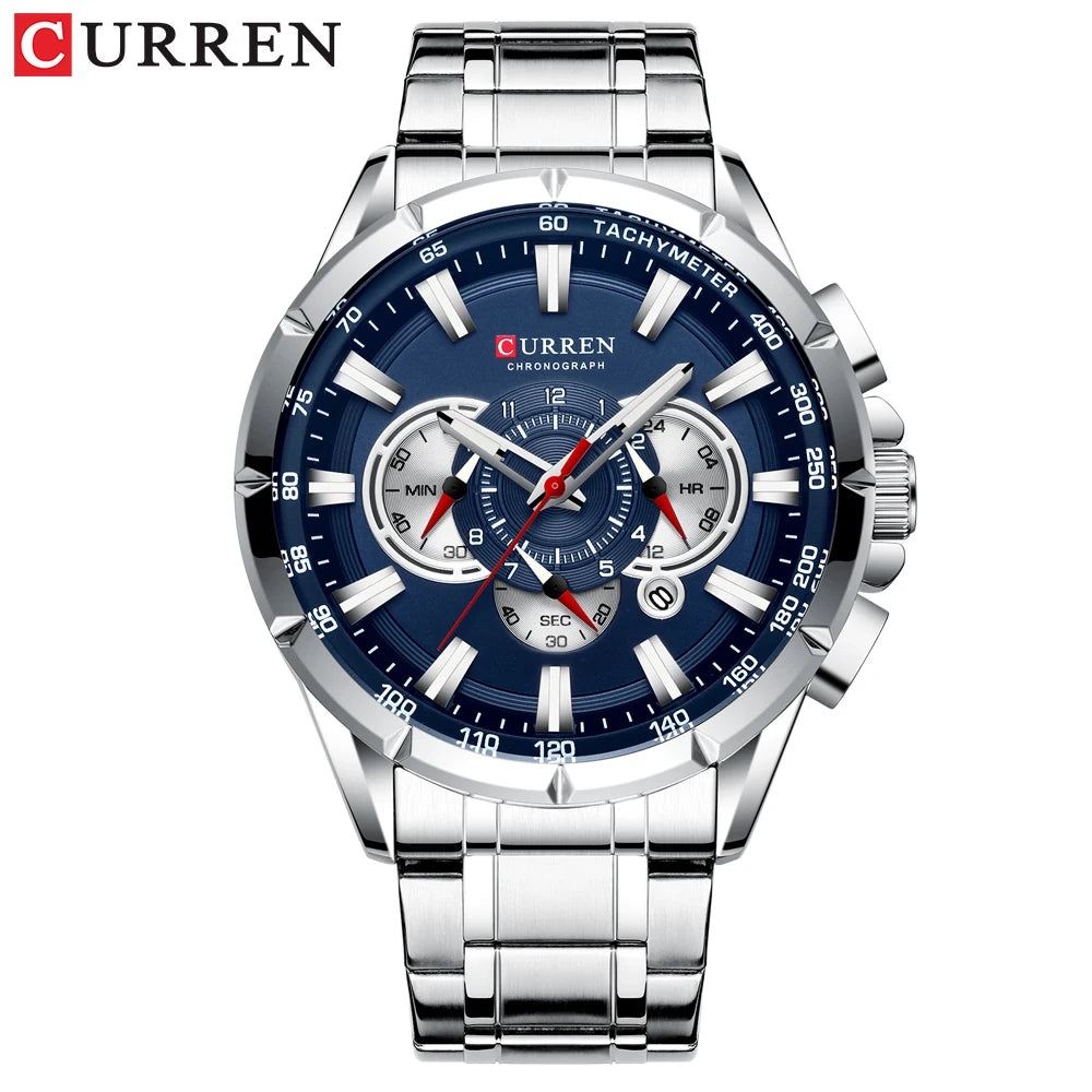 CURREN Men's Chronograph Watch Big Dial Stainless Steel Luminous Sport Quartz