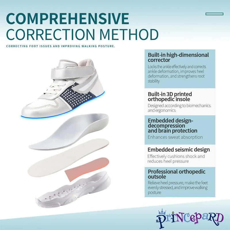 Princepard Orthopedic Kids Sneakers Silvery Decorate Arch Support School Shoes for Boys And Girls Casual Footwear for Children