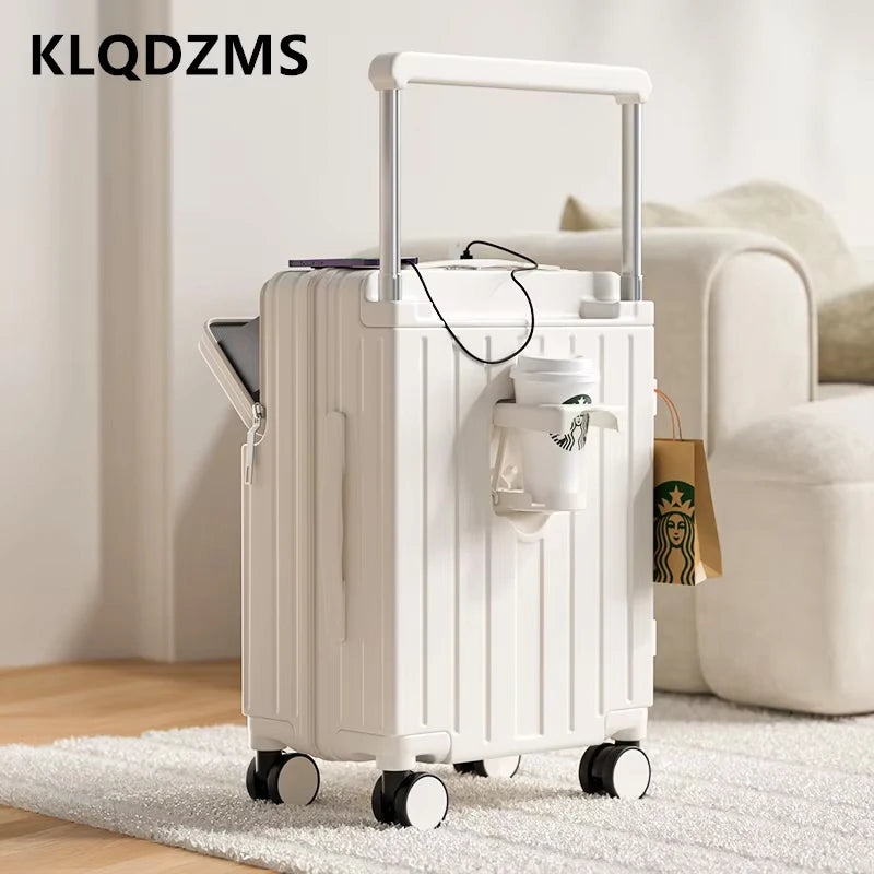KLQDZMS Cabin Suitcase Front Laptop Boarding Case USB Charging Trolley Case 20"22"24"26 Inch Multifunctional Women's Luggage