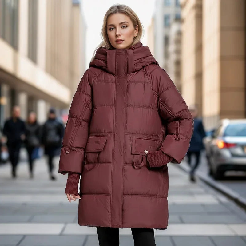 2024 Winter Long Women's Down Cotton Jacket Female Stand Collar Hooded Parkas Pockets Coats Women Knee Length Thick Warm Jacket