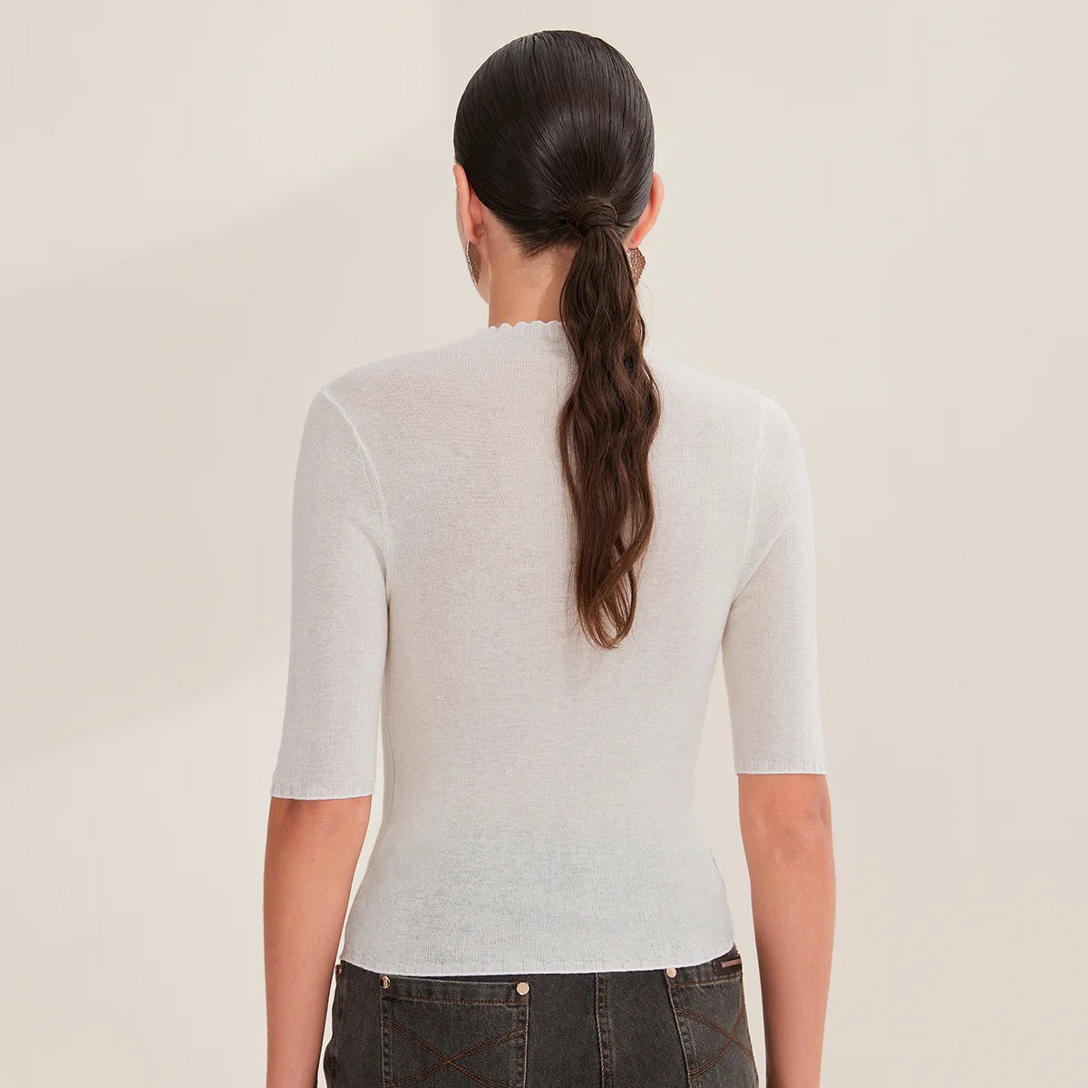 BY3521265 Women's Superfine Merino Wool Knit Top Half Sleeve Crew Neck Slim Fit Pullover Sweater