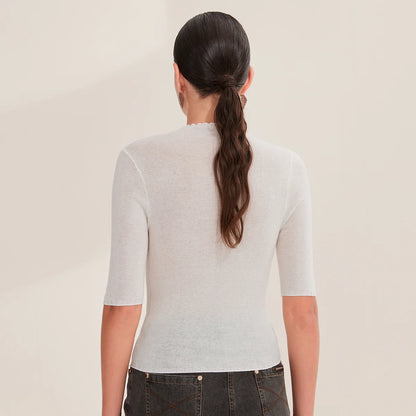 BY3521265 Women's Superfine Merino Wool Knit Top Half Sleeve Crew Neck Slim Fit Pullover Sweater