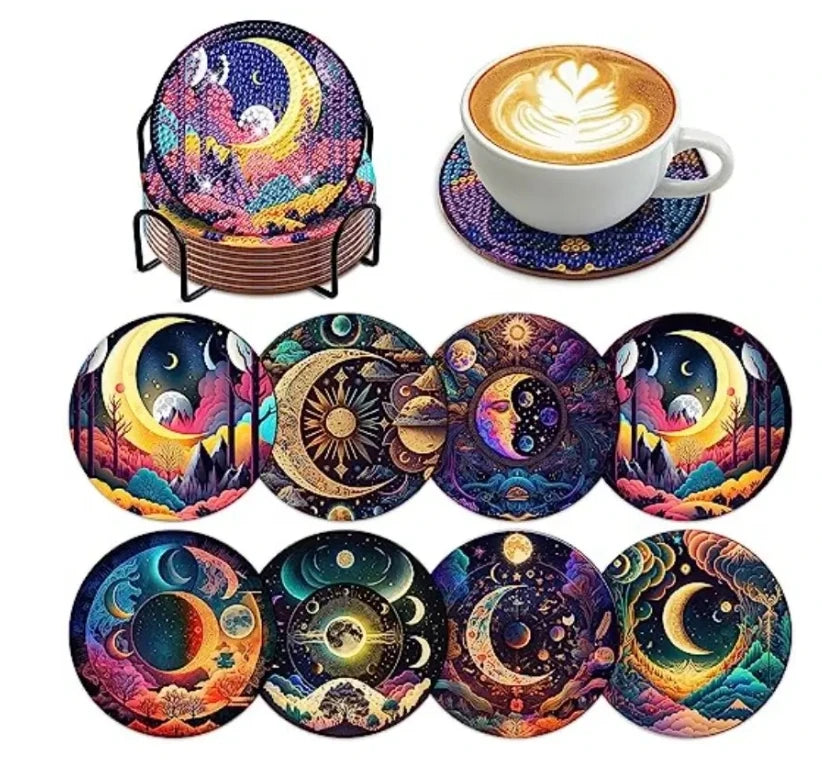 8pcs/Set DIY Diamond Painting Coasters with Holder Anti Slip Wood Drip Mats Crystal Rhinestones Diamond Art Coasters for Adults