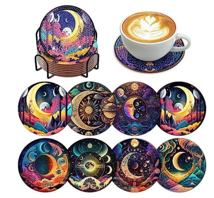 8pcs/Set DIY Diamond Painting Coasters with Holder Anti Slip Wood Drip Mats Crystal Rhinestones Diamond Art Coasters for Adults