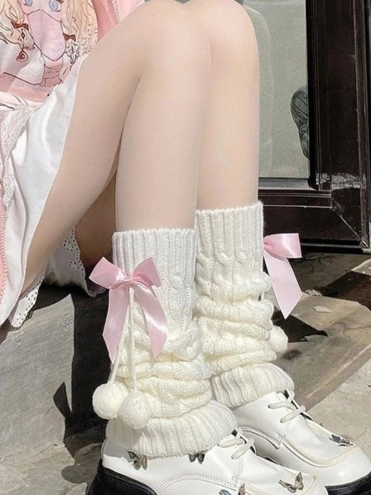 Preppy Style Knitted Leg Warmers Winter Japanese Style Warm Lolita JK Bowknot Socks Slimming Fashion Leg Covers