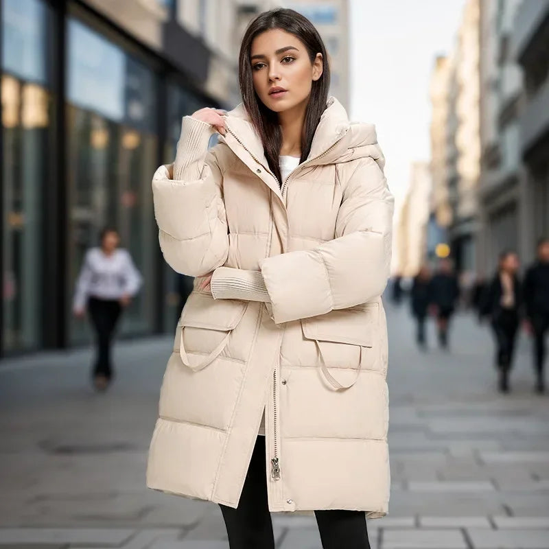 2024 Winter Long Women's Down Cotton Jacket Female Stand Collar Hooded Parkas Pockets Coats Women Knee Length Thick Warm Jacket